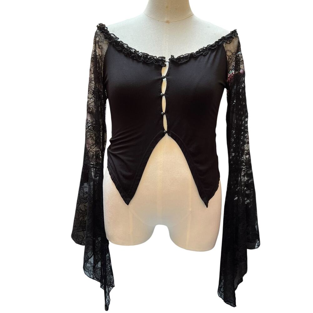Widow XXL Black Lace Bell Sleeve Fairy Goth Off Shoulder Handkerchief Crop Top